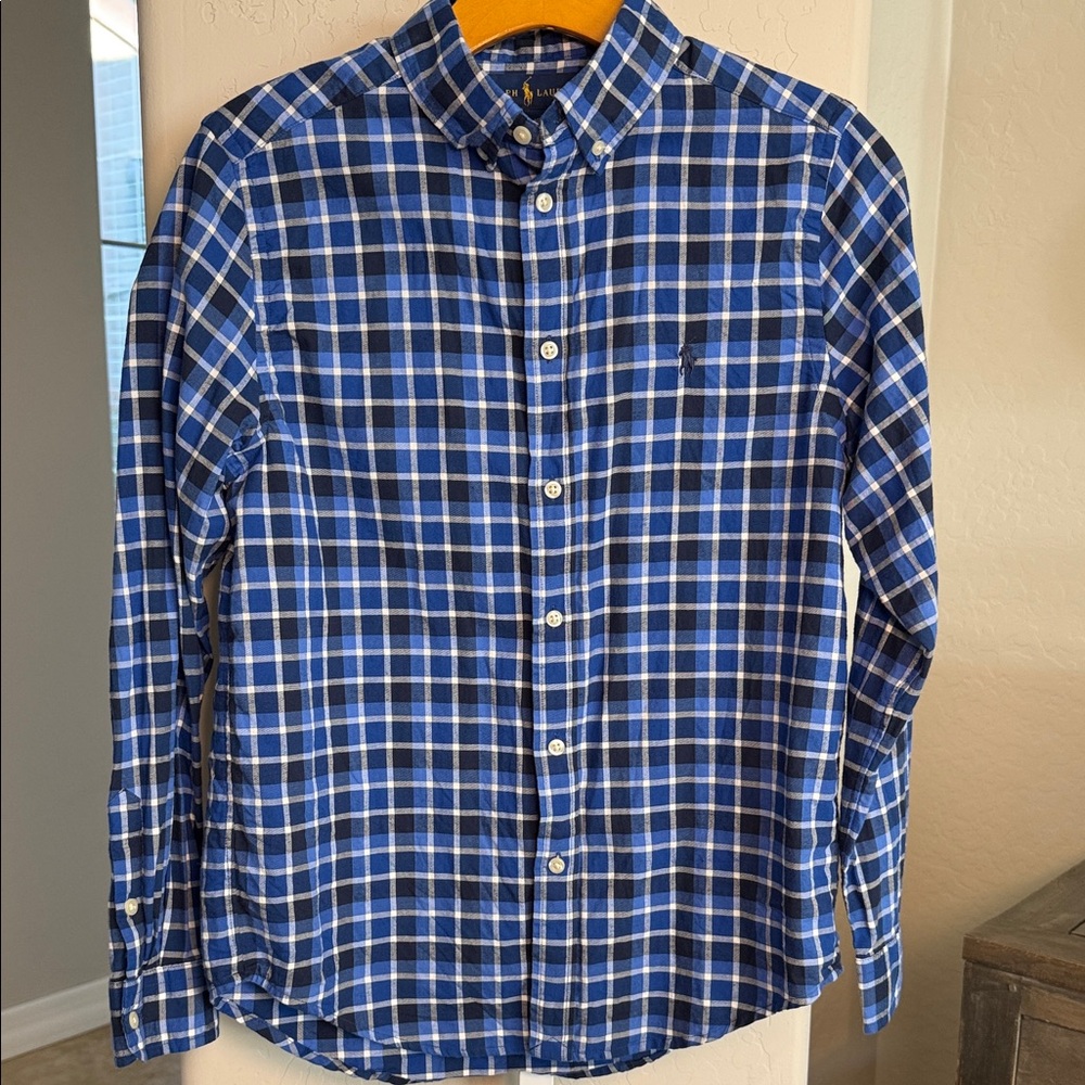 Ralph Lauren Boys Blue and White Checkered Button down shirt L 14-16